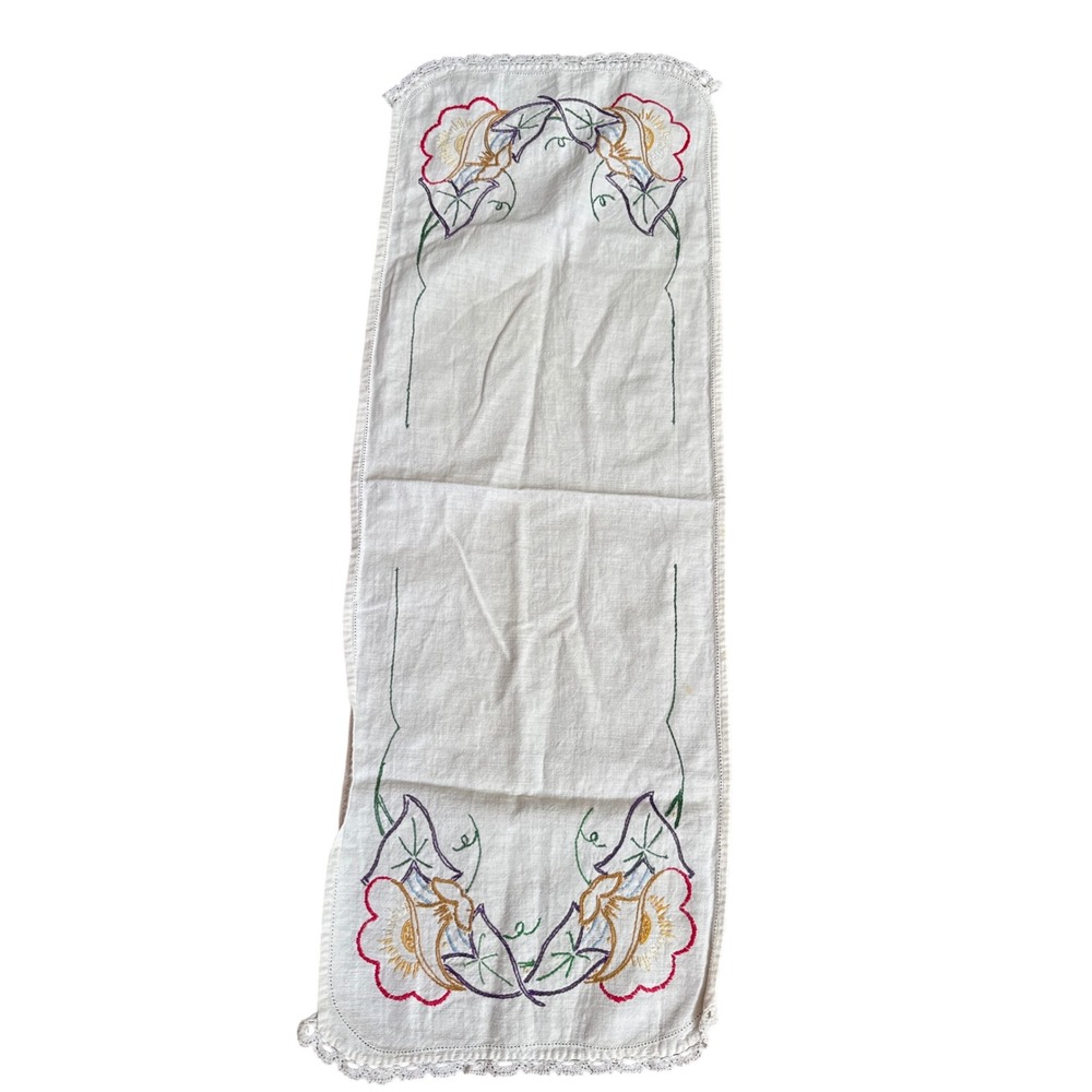 Vintage Hand Embroidered Floral Linen Table Runner White Lace Trim 32x11 1061
